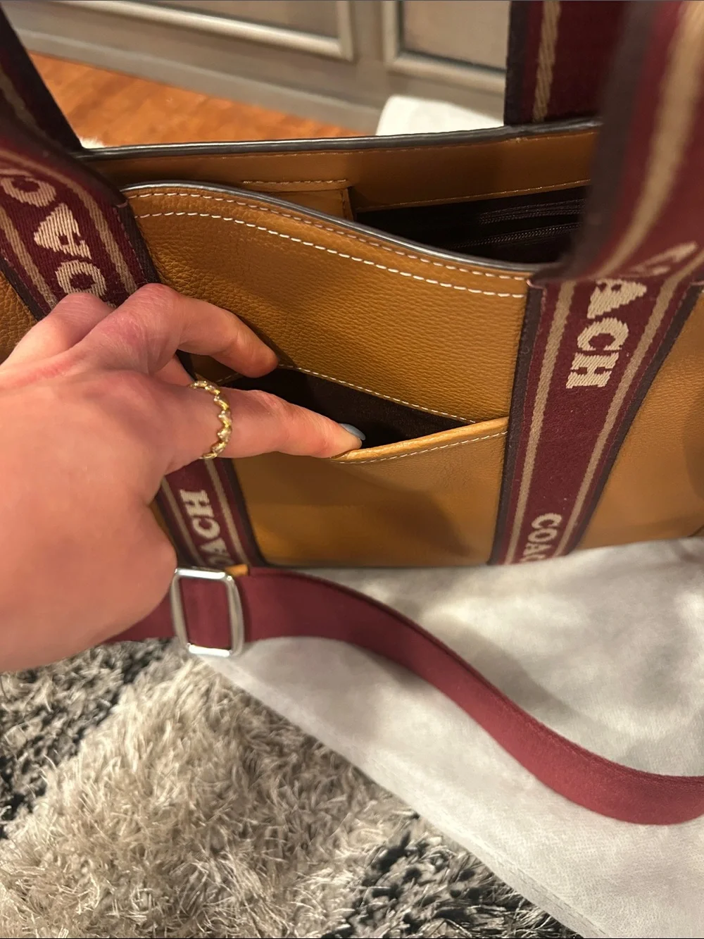 COACH Amber Pebbled Leather Tote with Burgundy Logo Straps